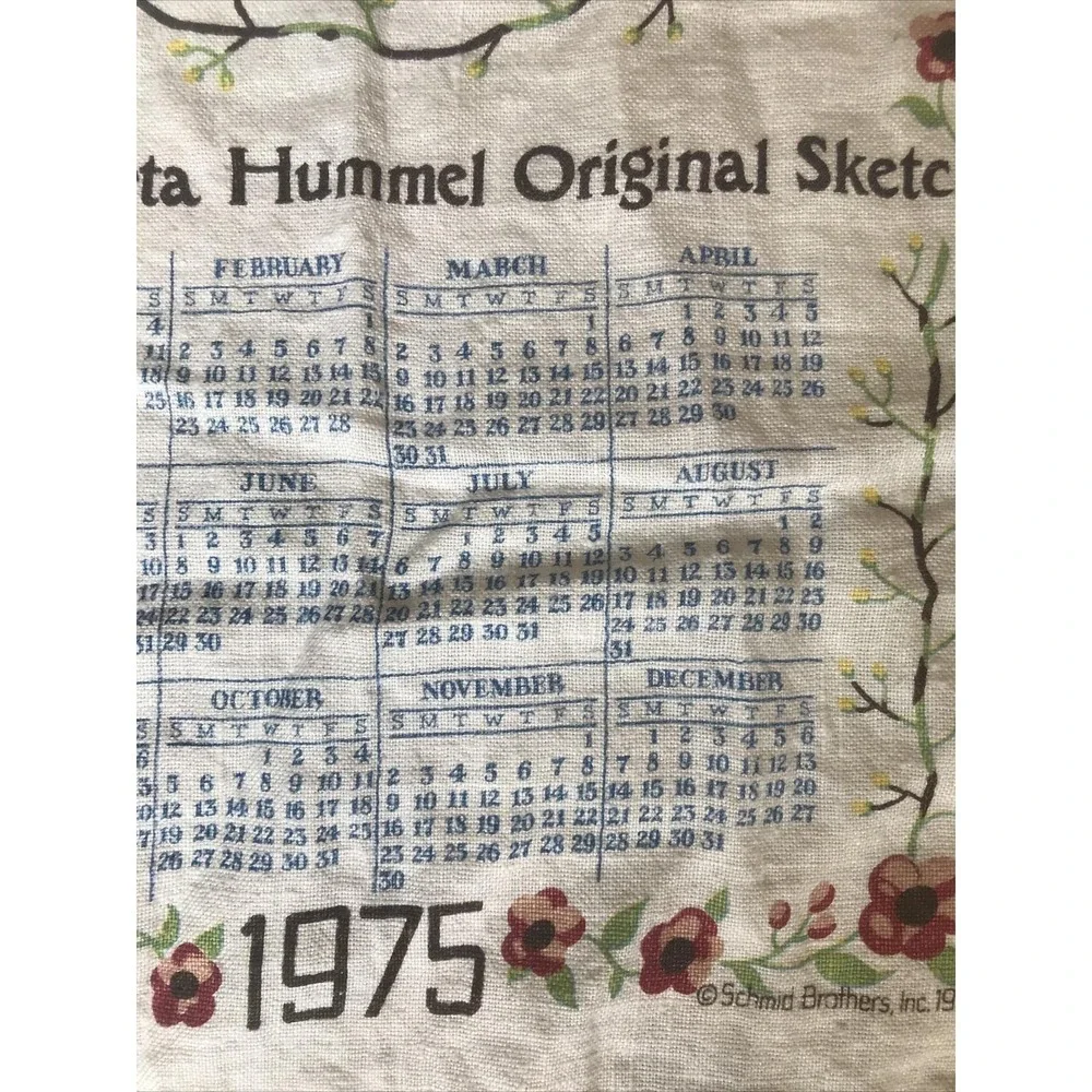 Vintage Sister Berta Hummel Linen Kitchen Towel Calendar 1975 The Bumble Bee
